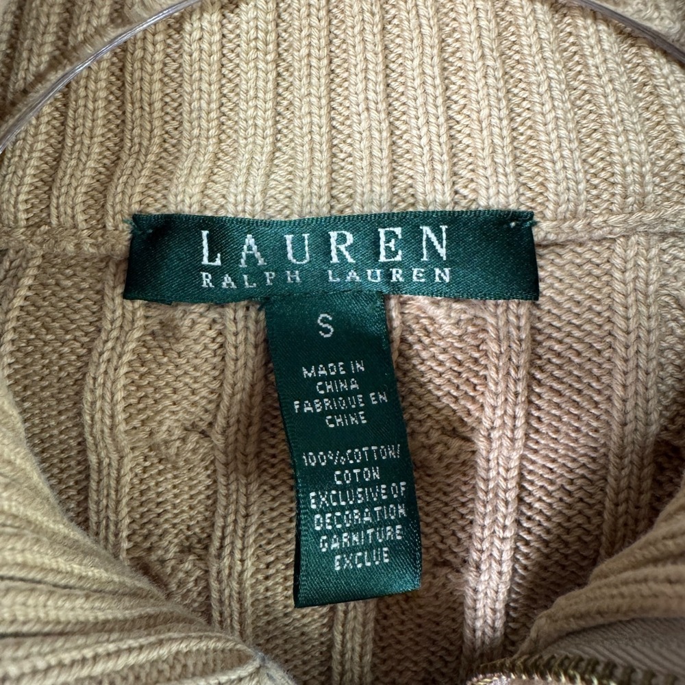 Ralph Lauren Womens Sz S Tan Cable Knit Cotton Full Zip Sweater‎ Preppy Classic - Picture 3 of 9
